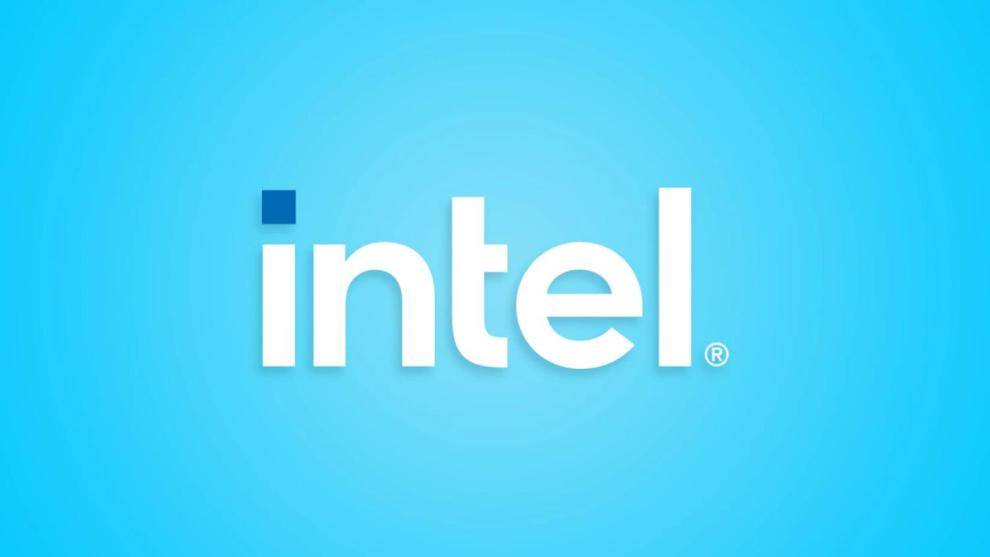 Intel logo on a bright blue background